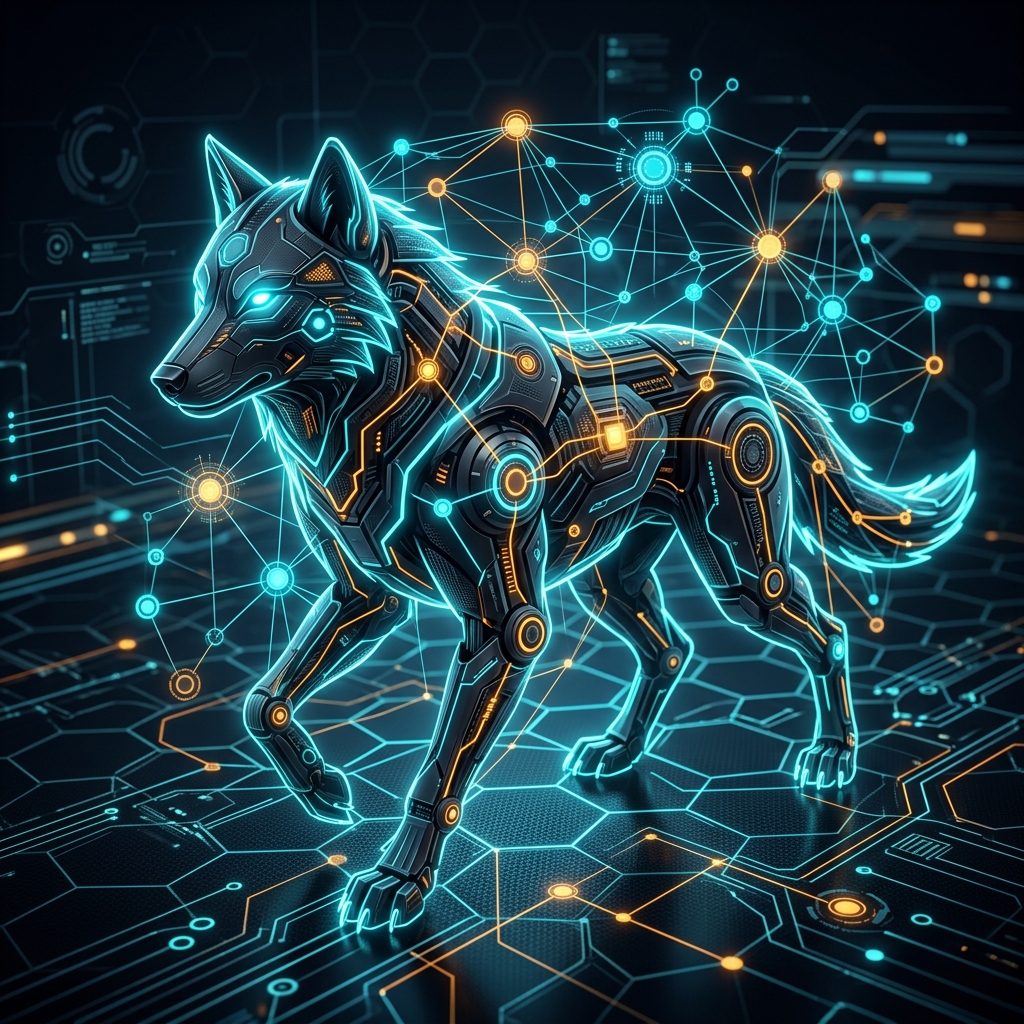 OpenWolfpack Agentic Workforce Network diagram showing neural paths and cybernetic nodes